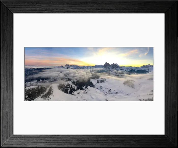 Framed Print : Aerial view of the snowcapped Sassolungo and Sassopiatto mountains at dawn, Seiser Alm Framed Print : Aerial view of the snowcapped Sassolungo and Sassopiatto mountains at dawn, Seiser Alm