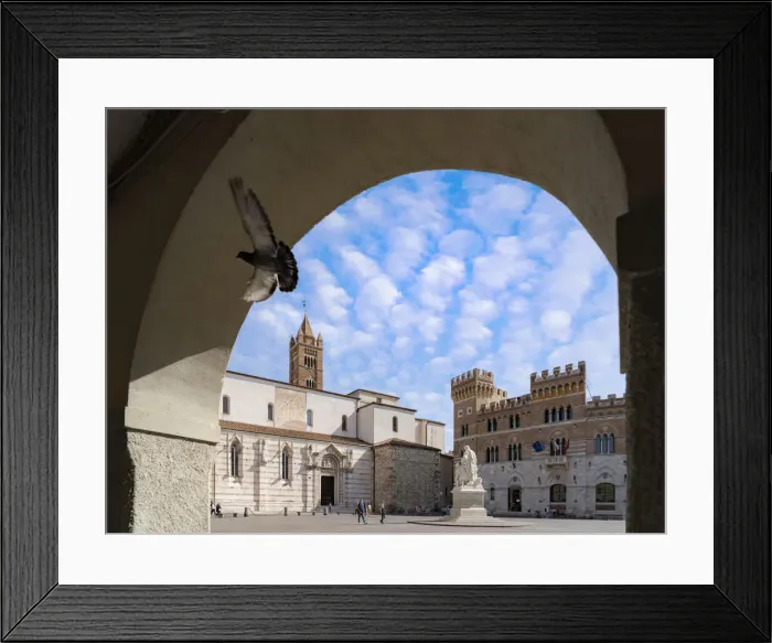 Framed Print : Summer sky over Canapone monument statue and Duomo, Piazza Dante, Grosseto, Tuscany Framed Print : Summer sky over Canapone monument statue and Duomo, Piazza Dante, Grosseto, Tuscany