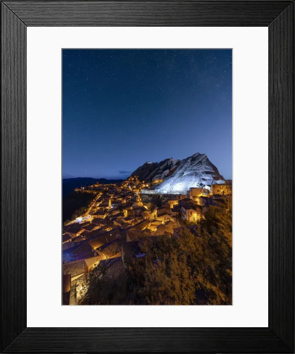 Framed Print : Stars in the night sky over the medieval town of Pietrapertosa, Dolomiti Lucane Framed Print : Stars in the night sky over the medieval town of Pietrapertosa, Dolomiti Lucane
