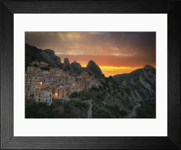 Framed Print : Burning sky at sunrise over the old houses of Castelmezzano and Dolomiti Lucane mountains Framed Print : Burning sky at sunrise over the old houses of Castelmezzano and Dolomiti Lucane mountains