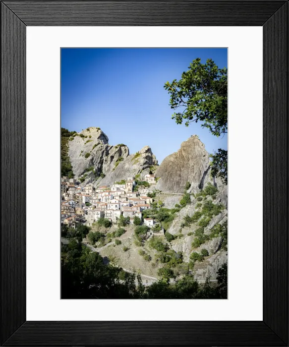 Framed Print : Medieval town of Castelmezzano at feet of Dolomiti Lucane mountains, Potenza province Framed Print : Medieval town of Castelmezzano at feet of Dolomiti Lucane mountains, Potenza province