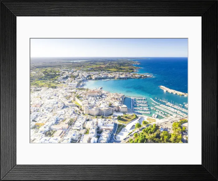Framed Print : Aerial view of the coastal town of Otranto washed by the turquoise sea, Salento Framed Print : Aerial view of the coastal town of Otranto washed by the turquoise sea, Salento
