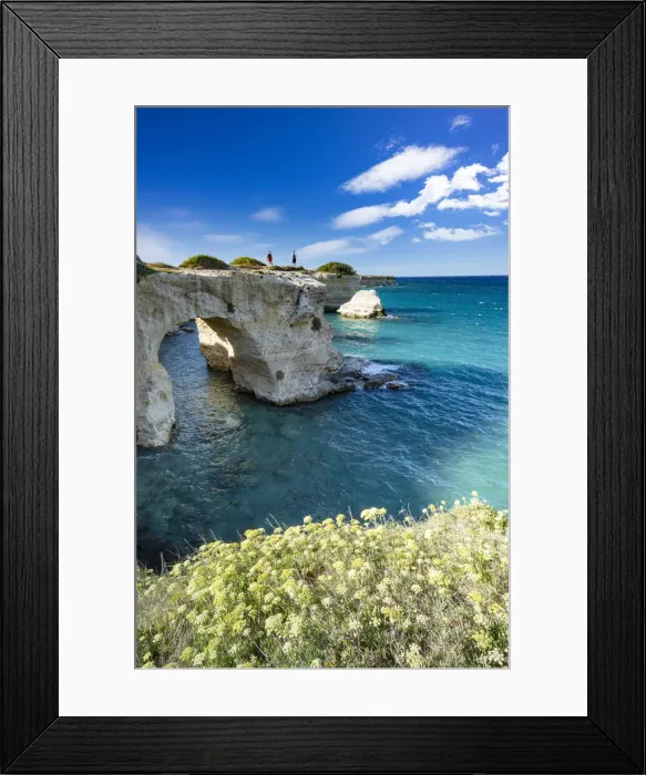 Framed Print : Tourists admiring the sea from natural stone arch on cliff, Torre Sant Andrea Framed Print : Tourists admiring the sea from natural stone arch on cliff, Torre Sant Andrea