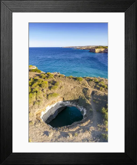 Framed Print : Natural stone arch and open grotto framed by turquoise sea, Otranto, Lecce province Framed Print : Natural stone arch and open grotto framed by turquoise sea, Otranto, Lecce province