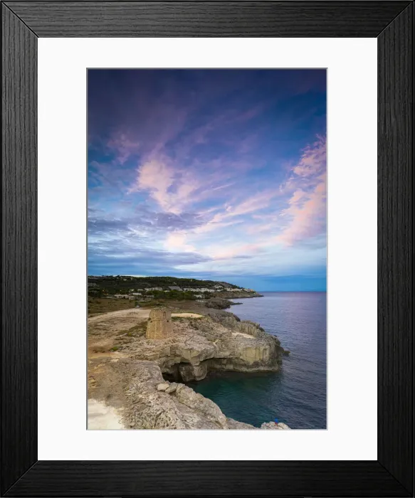 Framed Print : Coastal tower Torre Miggiano at sunset in summer, Santa Cesarea Terme, Porto Miggiano Framed Print : Coastal tower Torre Miggiano at sunset in summer, Santa Cesarea Terme, Porto Miggiano