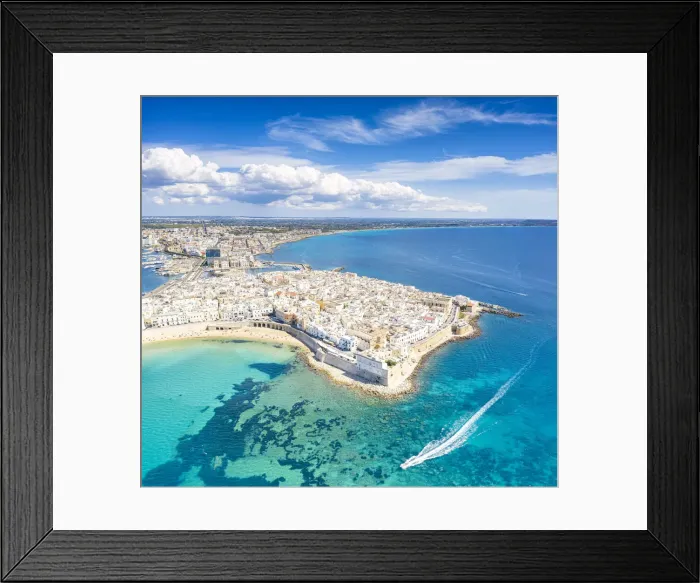 Framed Print : White sand beach washed by the turquoise sea surrounding Gallipoli, aerial view Framed Print : White sand beach washed by the turquoise sea surrounding Gallipoli, aerial view