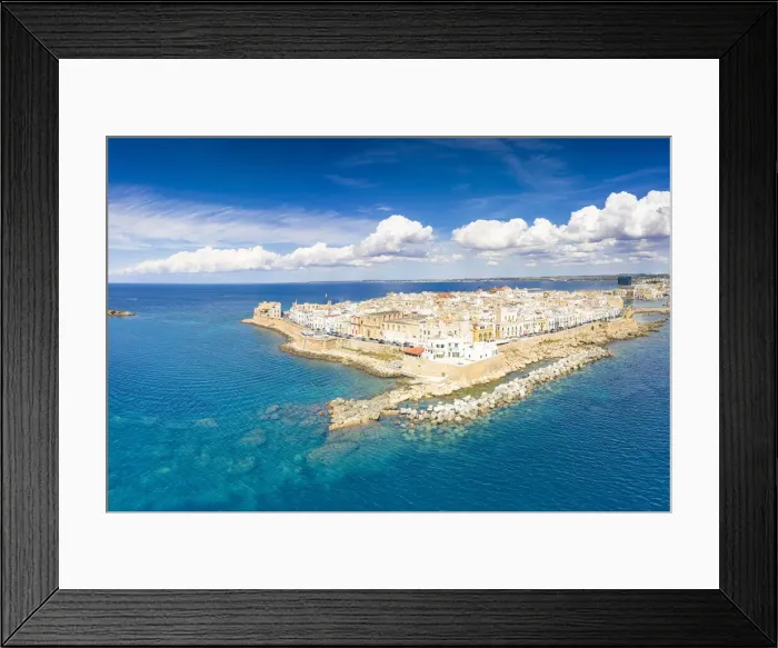 Framed Print : Aerial view of the surrounding walls and old town of Gallipoli in summer, Lecce province Framed Print : Aerial view of the surrounding walls and old town of Gallipoli in summer, Lecce province