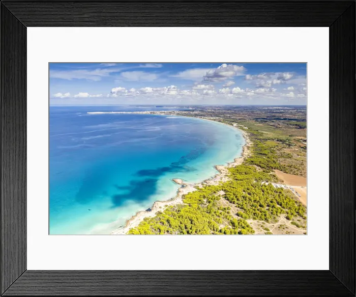 Framed Print : Punta della Suina sand beach framed by Mediterranean pine trees, aerial view, Gallipoli Framed Print : Punta della Suina sand beach framed by Mediterranean pine trees, aerial view, Gallipoli