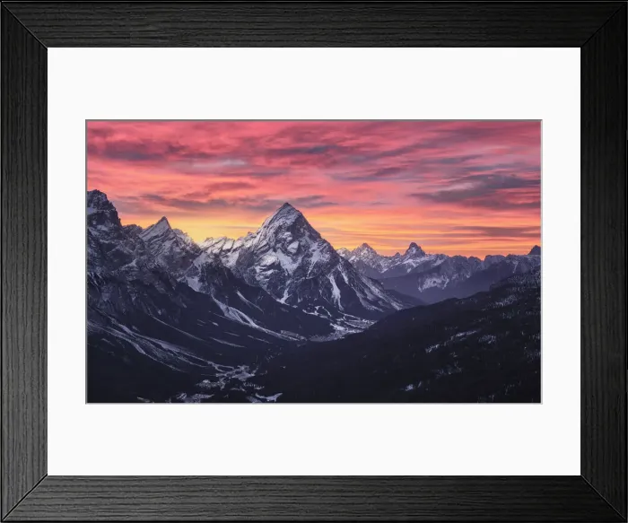 Framed Print : Pink sunrise on Antelao and Cortina d Ampezzo valley in winter with snow, Dolomites Framed Print : Pink sunrise on Antelao and Cortina d Ampezzo valley in winter with snow, Dolomites