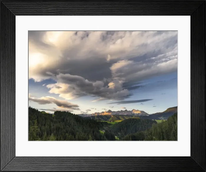 Framed Print : Sunset on Catinaccio mountain in the Dolomites and cloud cover, Trentino-Alto Adige Framed Print : Sunset on Catinaccio mountain in the Dolomites and cloud cover, Trentino-Alto Adige