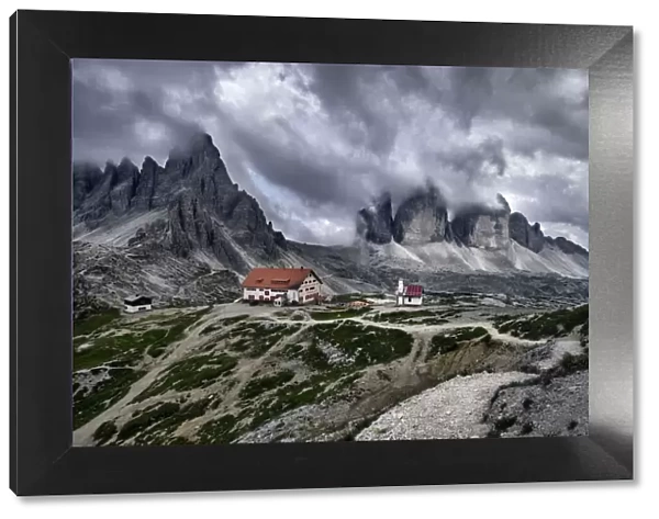 Cloudy day on Locatelli hut and Three Peaks in the Dolomites, Trentino-Alto Adige, Italy