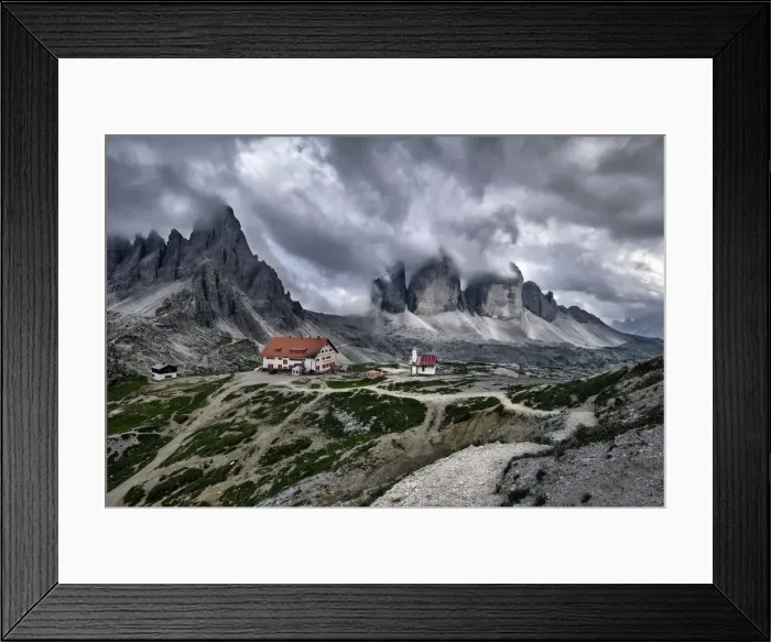 Framed Print : Cloudy day on Locatelli hut and Three Peaks in the Dolomites, Trentino-Alto Adige, Italy Framed Print : Cloudy day on Locatelli hut and Three Peaks in the Dolomites, Trentino-Alto Adige, Italy