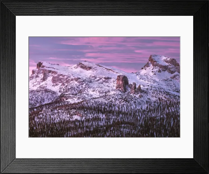 Framed Print : Pink sunrise on Five Towers (Cinque Torri) mountains in winter with snow, Dolomites Framed Print : Pink sunrise on Five Towers (Cinque Torri) mountains in winter with snow, Dolomites