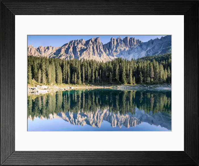 Framed Print : Latermar and larch forest reflected in the Carezza Lake at sunset, Carezza Framed Print : Latermar and larch forest reflected in the Carezza Lake at sunset, Carezza