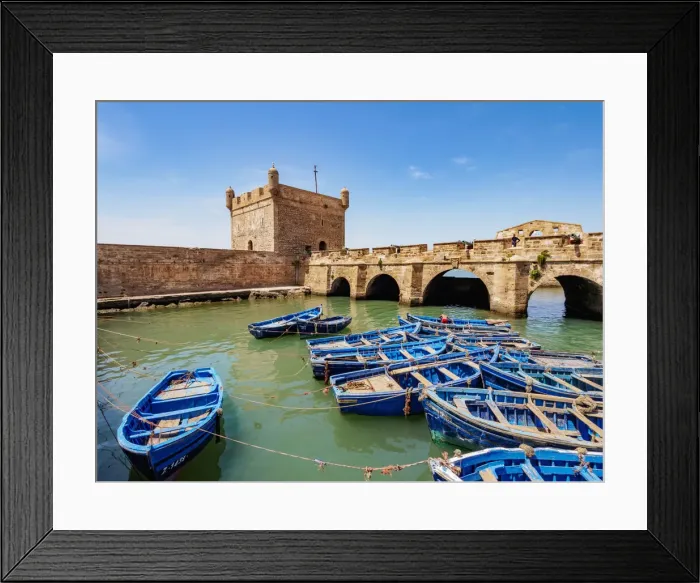 Framed Print : Blue boats in the Scala Harbour and the Citadel, Essaouira, Marrakesh-Safi Region Framed Print : Blue boats in the Scala Harbour and the Citadel, Essaouira, Marrakesh-Safi Region