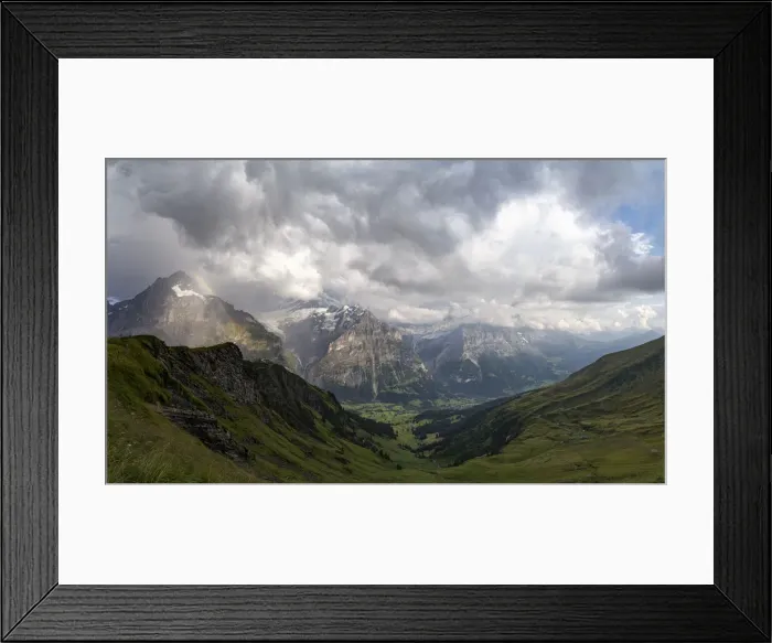 Framed Print : Panoramic of green valley surrounding Grindelwald and Bernese Alps lit by rainbow, First Framed Print : Panoramic of green valley surrounding Grindelwald and Bernese Alps lit by rainbow, First