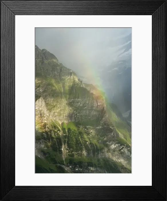 Framed Print : Rainbow over the majestic Wetterhorn mountain in summer, aerial view, Grindelwald Framed Print : Rainbow over the majestic Wetterhorn mountain in summer, aerial view, Grindelwald
