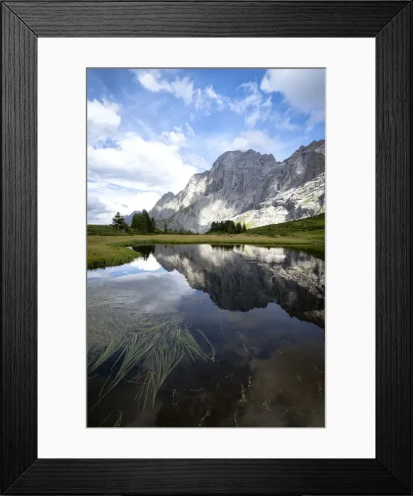 Framed Print : Rocky peak of Wellhorn mountain reflected in water in summer, Grosse Scheidegg Pass Framed Print : Rocky peak of Wellhorn mountain reflected in water in summer, Grosse Scheidegg Pass