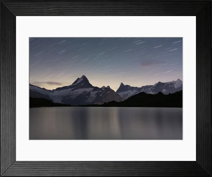 Framed Print : Star trail in the night sky over Bachalpsee lake, Grindelwald, Bernese Oberland