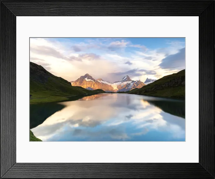 Framed Print : Schreckhorn mountain and Bachalpsee lake at sunset, Grindelwald, Bernese Oberland