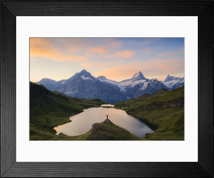 Framed Print : Cheerful hiker admiring Wetterhorn, Schreckhorn and Finsteraarhorn from Bachalpsee Framed Print : Cheerful hiker admiring Wetterhorn, Schreckhorn and Finsteraarhorn from Bachalpsee