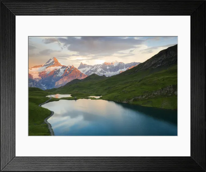 Framed Print : Schreckhorn and Finsteraarhorn peaks reflected in Bachalpsee lake at sunset, Grindelwald Framed Print : Schreckhorn and Finsteraarhorn peaks reflected in Bachalpsee lake at sunset, Grindelwald