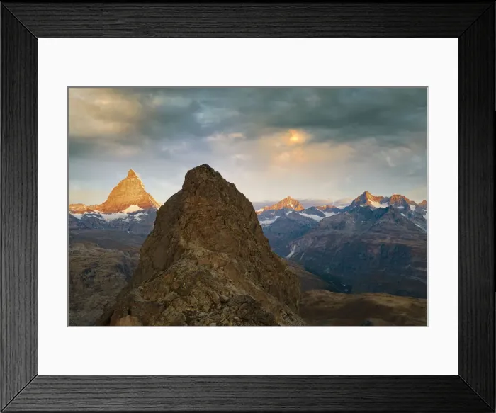 Framed Print : Sunrise over Matterhorn and Dent Blanche view from Riffelhorn, aerial view, Zermatt Framed Print : Sunrise over Matterhorn and Dent Blanche view from Riffelhorn, aerial view, Zermatt