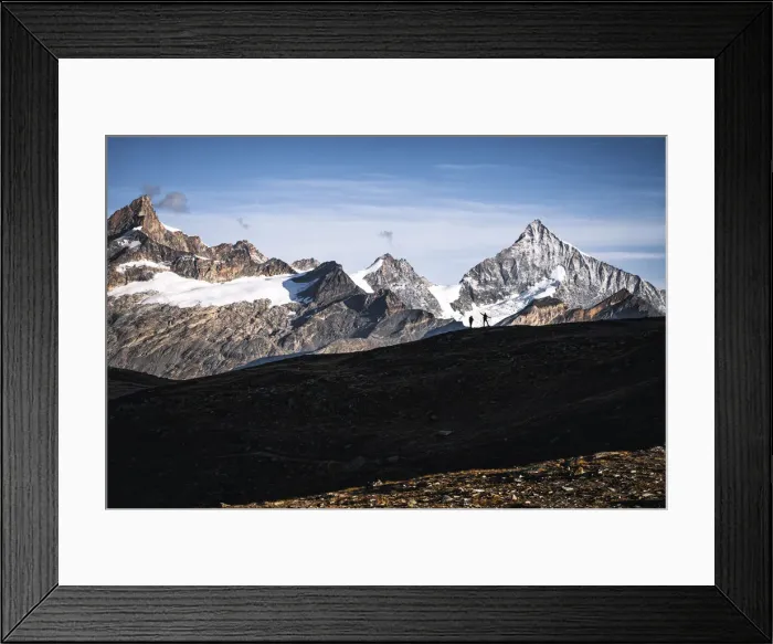 Framed Print : Silhouette of hikers admiring Weisshorn peak, canton of Valais, Switzerland, Europe