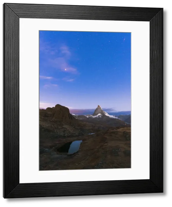 Framed Print : Starry sky before sunrise over Matterhorn and Riffelsee lake, Gornergrat, Zermatt Framed Print : Starry sky before sunrise over Matterhorn and Riffelsee lake, Gornergrat, Zermatt
