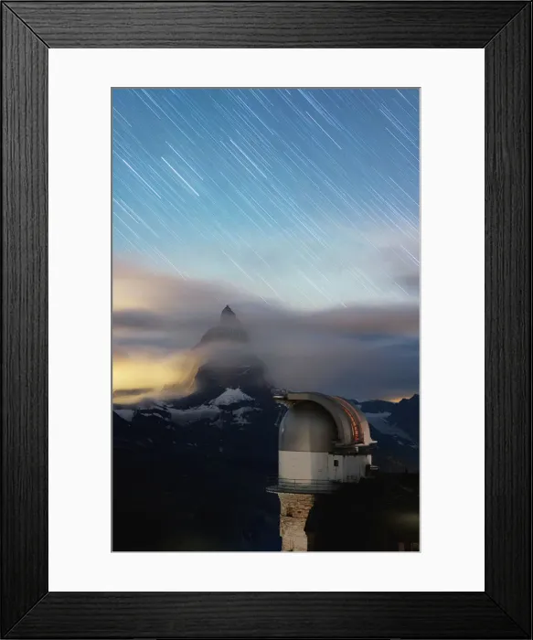 Framed Print : Star trail in the night sky on Matterhorn from observatory tower of Kulmhotel Gornergrat Framed Print : Star trail in the night sky on Matterhorn from observatory tower of Kulmhotel Gornergrat