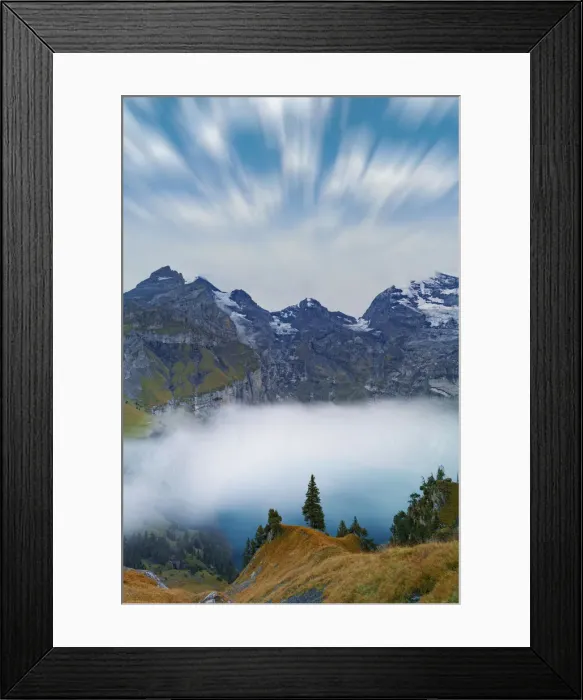 Framed Print : Clouds in the sky above lake Oeschinensee covered by fog, Bernese Oberland, Kandersteg Framed Print : Clouds in the sky above lake Oeschinensee covered by fog, Bernese Oberland, Kandersteg