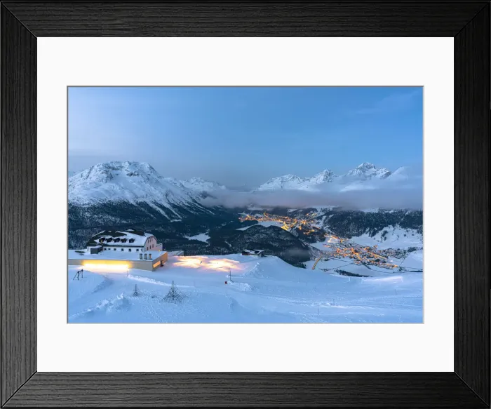 Framed Print : Winter dusk over St. Moritz and Celerina villages covered with snow from Muottas Muragl Framed Print : Winter dusk over St. Moritz and Celerina villages covered with snow from Muottas Muragl