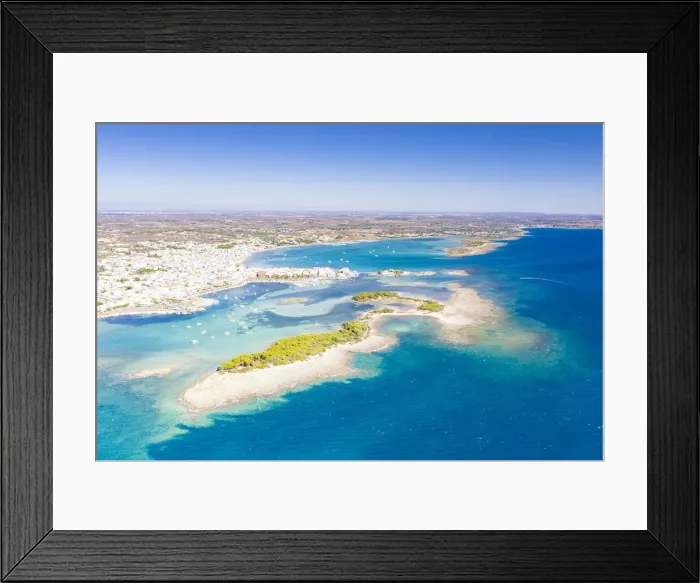 Framed Print : Aerial view of Porto Cesareo coastal town washed by the clear sea, Lecce province Framed Print : Aerial view of Porto Cesareo coastal town washed by the clear sea, Lecce province