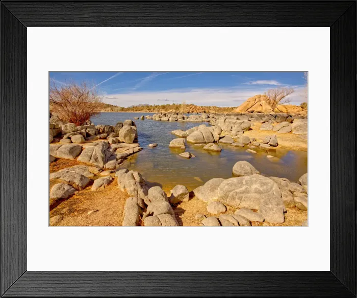 Framed Print : Rocky shore of Watson Lake which has lost much water due to the drought Framed Print : Rocky shore of Watson Lake which has lost much water due to the drought