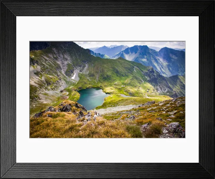 Framed Print : Lake Capra in the Fagaras Mountains in central Romania, Cartisoara, Sibiu County, Romania Framed Print : Lake Capra in the Fagaras Mountains in central Romania, Cartisoara, Sibiu County, Romania