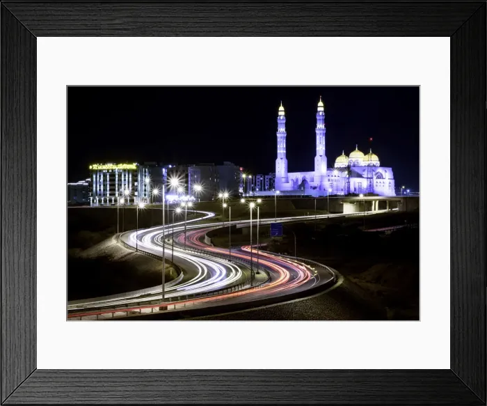 Framed Print : Long exposure cityscape night shot with a blue mosque and a street with car trails Framed Print : Long exposure cityscape night shot with a blue mosque and a street with car trails