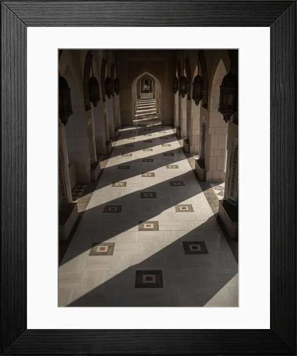 Framed Print : Porticoes of Sultan Qaboos Mosque with sunlight coming from side, Muscat, Oman Framed Print : Porticoes of Sultan Qaboos Mosque with sunlight coming from side, Muscat, Oman