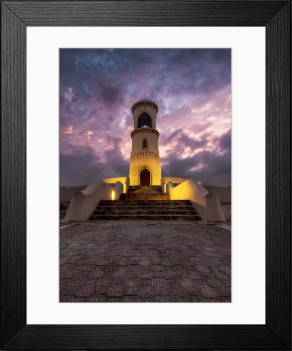 Framed Print : Sur lighthouse at sunset with purple clouds, Sur, Oman, Middle East Framed Print : Sur lighthouse at sunset with purple clouds, Sur, Oman, Middle East