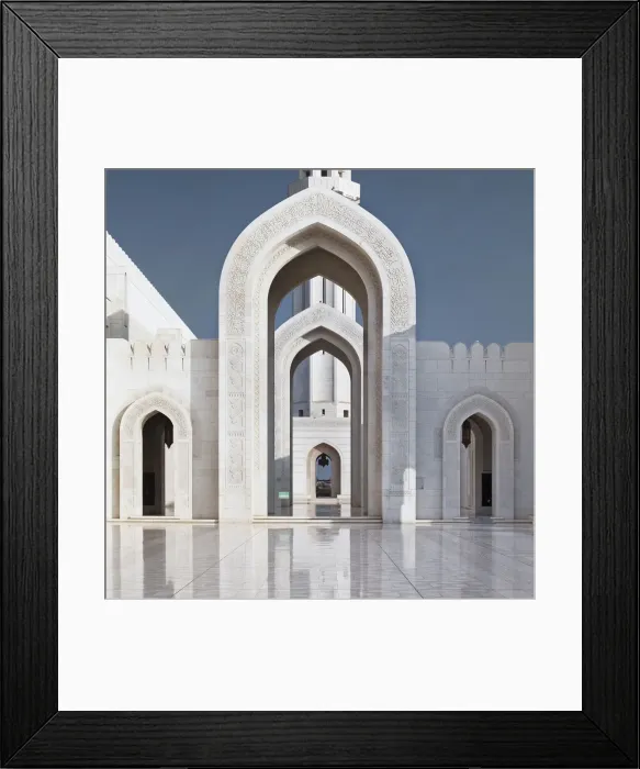 Framed Print : Perspective on arches and minaret of Sultan Qaboos Mosque, Muscat, Oman, Middle East Framed Print : Perspective on arches and minaret of Sultan Qaboos Mosque, Muscat, Oman, Middle East