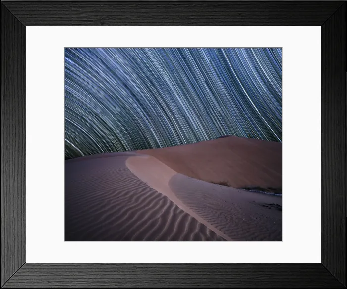 Framed Print : Equatorial star trail above sand dunes in the Rub al Khali desert, Oman, Middle East Framed Print : Equatorial star trail above sand dunes in the Rub al Khali desert, Oman, Middle East