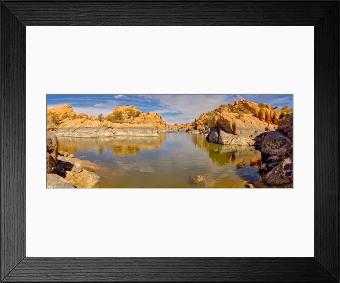 Framed Print : Rocky lagoon in Watson Lake along Lakeshore Trail, gray rock shows how much water volume Framed Print : Rocky lagoon in Watson Lake along Lakeshore Trail, gray rock shows how much water volume