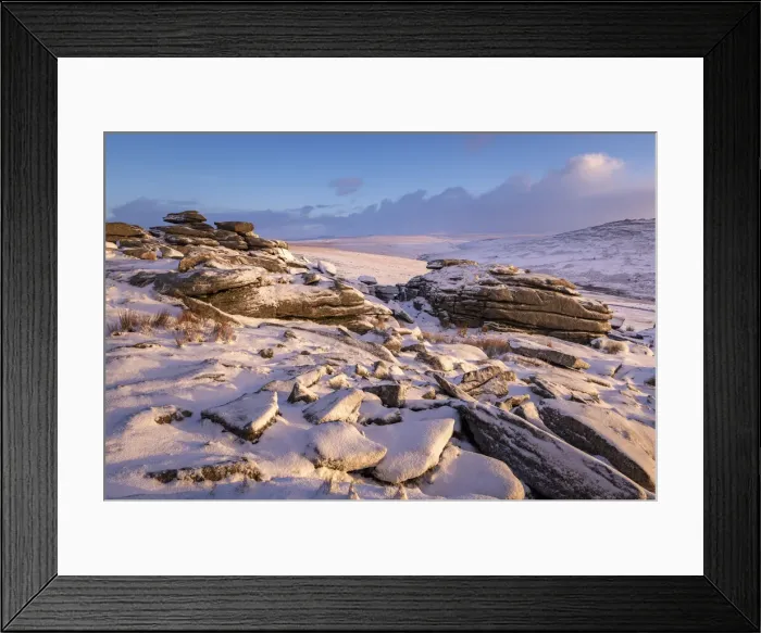 Framed Print : Snow covered granite outcrops on Great Staple Tor, Dartmoor National Park, Devon, England Framed Print : Snow covered granite outcrops on Great Staple Tor, Dartmoor National Park, Devon, England