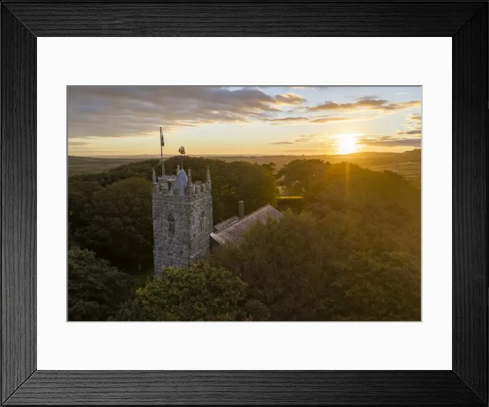 Framed Print : St. Dennis Parish Church emerging from trees at sunrise in autumn, St Framed Print : St. Dennis Parish Church emerging from trees at sunrise in autumn, St