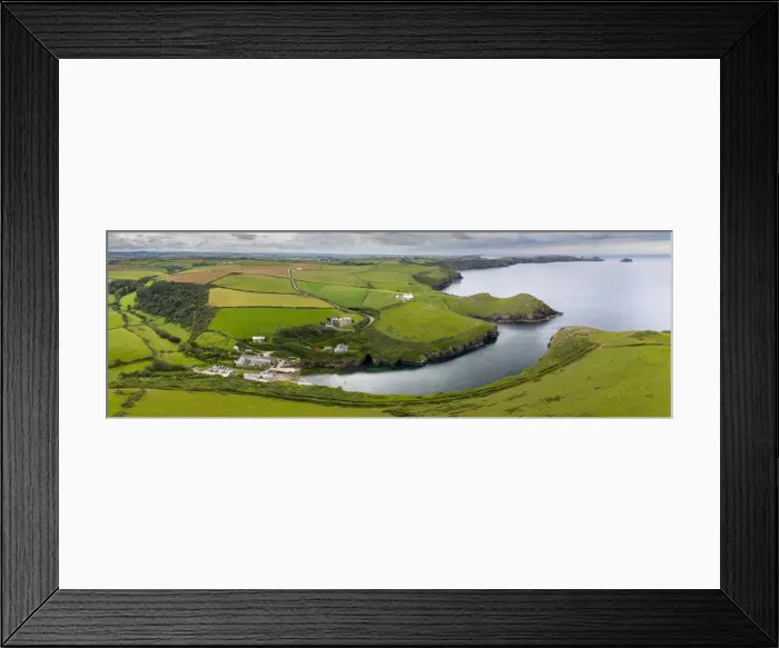Framed Print : Aerial vista of Port Quin on the North Cornish coast in summer, Cornwall, England Framed Print : Aerial vista of Port Quin on the North Cornish coast in summer, Cornwall, England