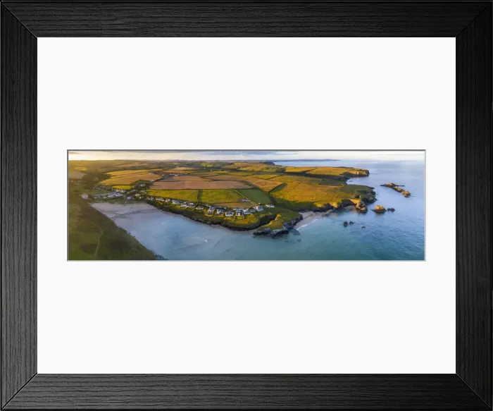 Framed Print : Aerial panorama of Porthcothan Bay and rugged Cornish coastline at dawn, Cornwall Framed Print : Aerial panorama of Porthcothan Bay and rugged Cornish coastline at dawn, Cornwall