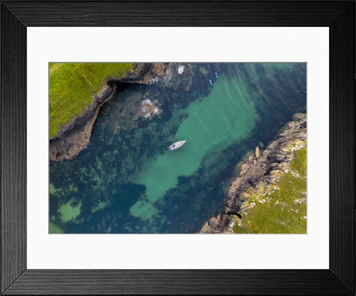 Framed Print : Aerial view of a yacht moored in Port Quin, Cornwall, England, United Kingdom, Europe Framed Print : Aerial view of a yacht moored in Port Quin, Cornwall, England, United Kingdom, Europe
