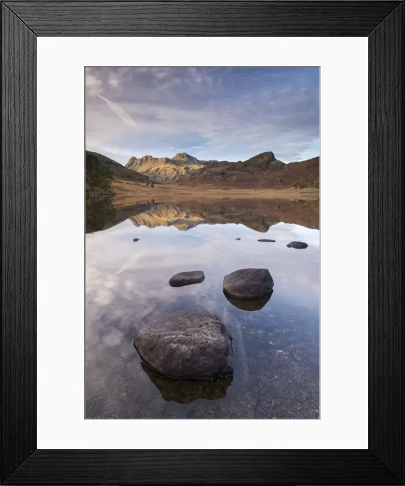 Framed Print : The Langdale Pikes mountains reflected in the mirror still water of Blea Tarn in autumn Framed Print : The Langdale Pikes mountains reflected in the mirror still water of Blea Tarn in autumn