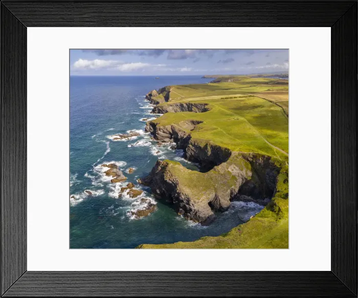 Framed Print : Aerial vista of Porthmissen Bridge and dramatic coastline near Trevone, Cornwall, England Framed Print : Aerial vista of Porthmissen Bridge and dramatic coastline near Trevone, Cornwall, England