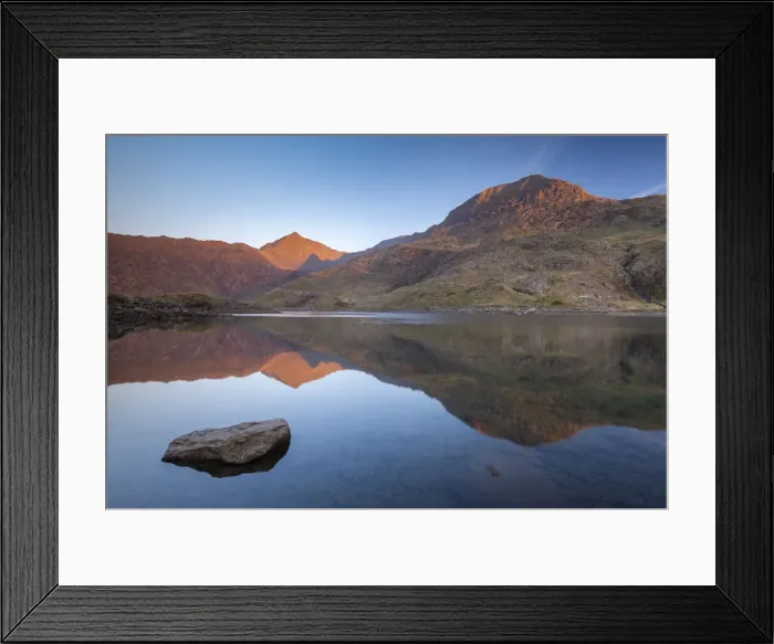 Framed Print : Mount Snowdon bathed in the first light of dawn in spring and reflected in Llyn Llydaw Framed Print : Mount Snowdon bathed in the first light of dawn in spring and reflected in Llyn Llydaw