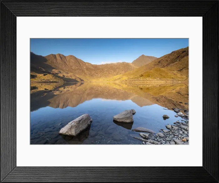 Framed Print : Early morning sunlight on Snowdon in spring, reflected in Llyn Llydaw Framed Print : Early morning sunlight on Snowdon in spring, reflected in Llyn Llydaw